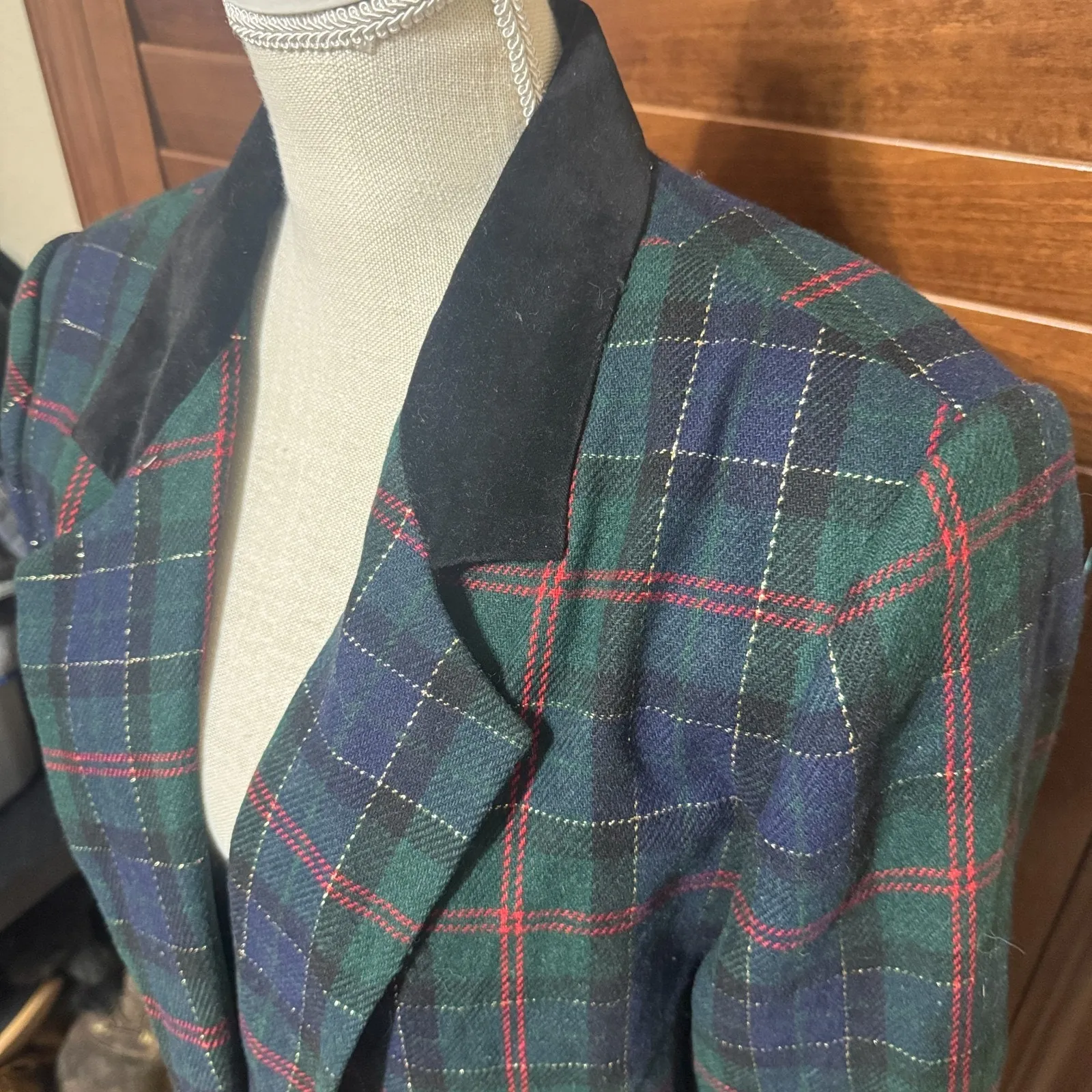 VTG Sag Harbor Wool Plaid Blazer Tartan Navy blue green Jacket Old Money sz 16 - Image 4