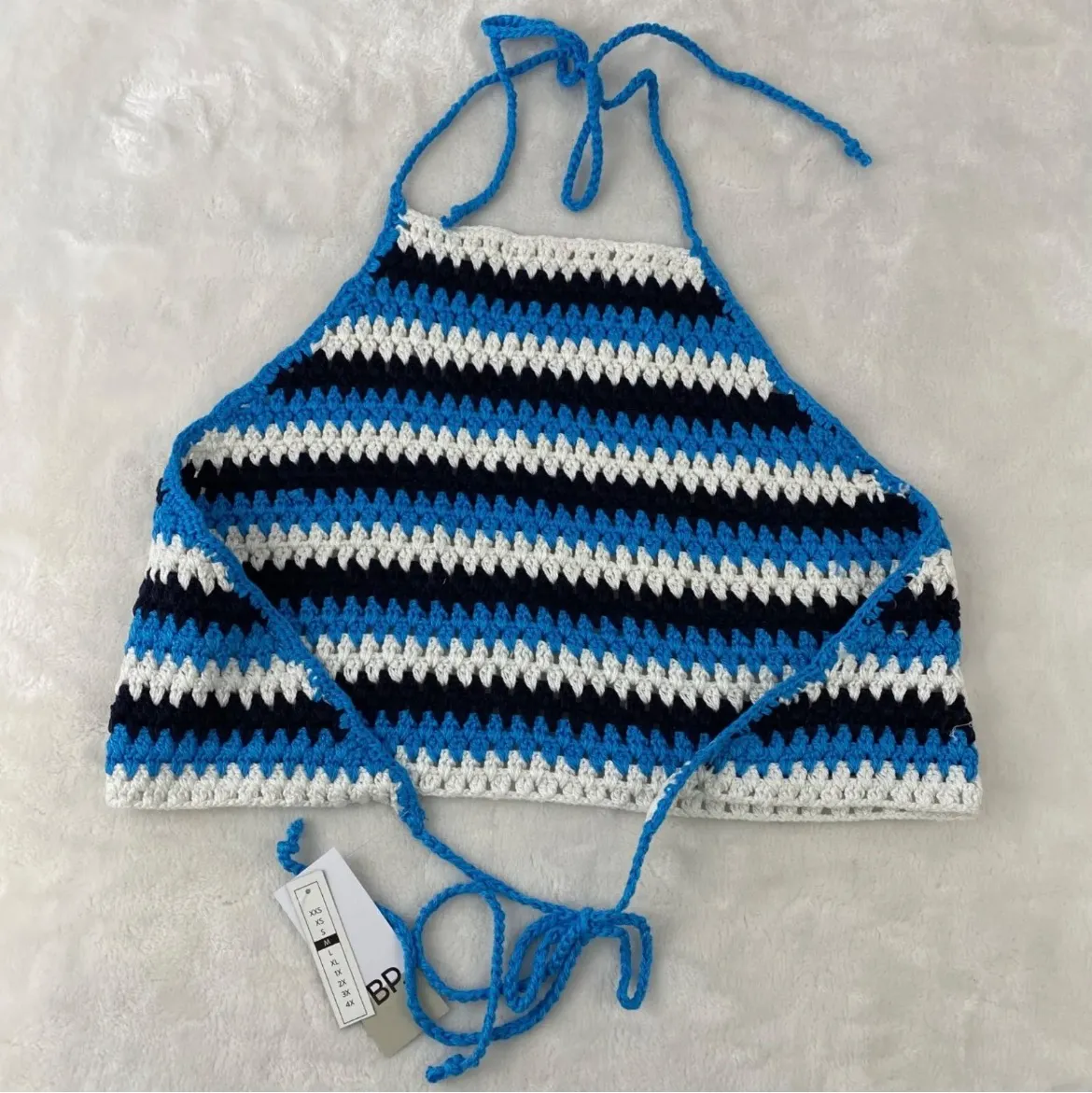NWT Blue/Black Ziggy Stripe  Crocheted Halter Top - Image 6