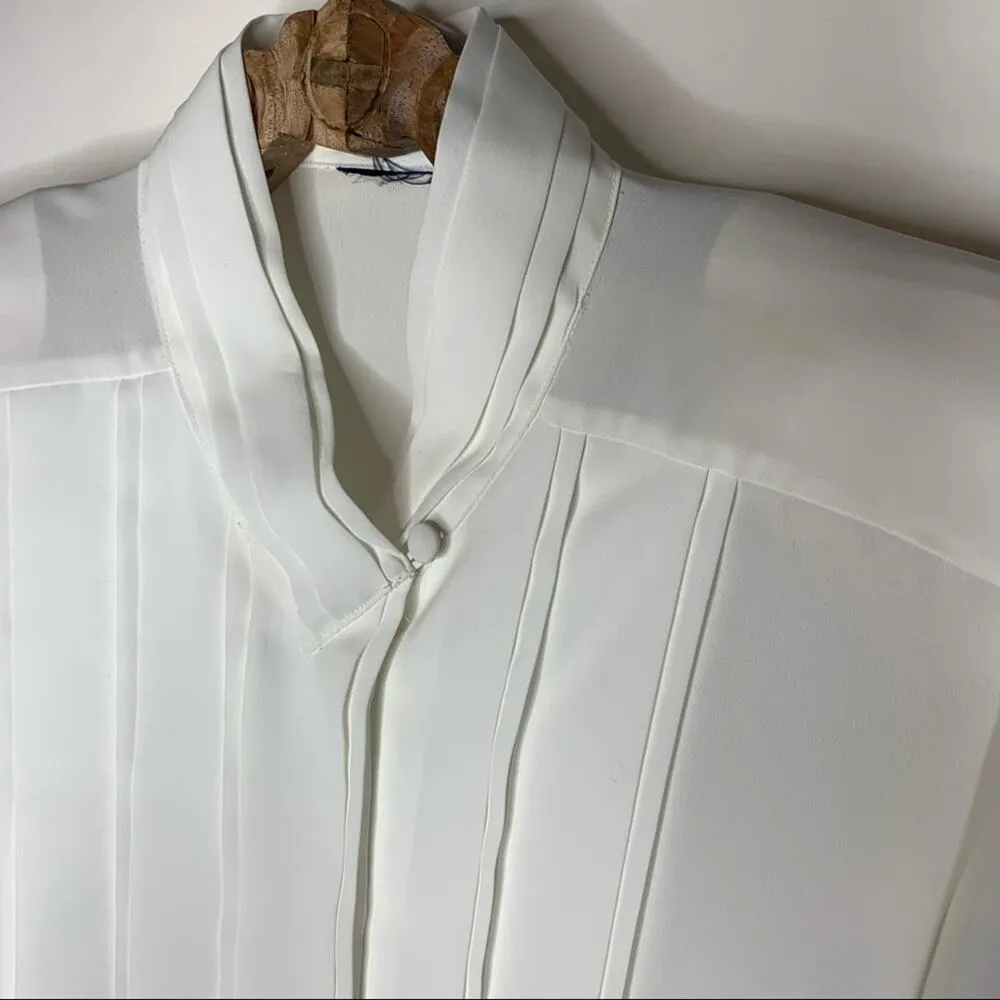 Vintage White Pleat Front High Neck Blouse M L Size M - Image 2