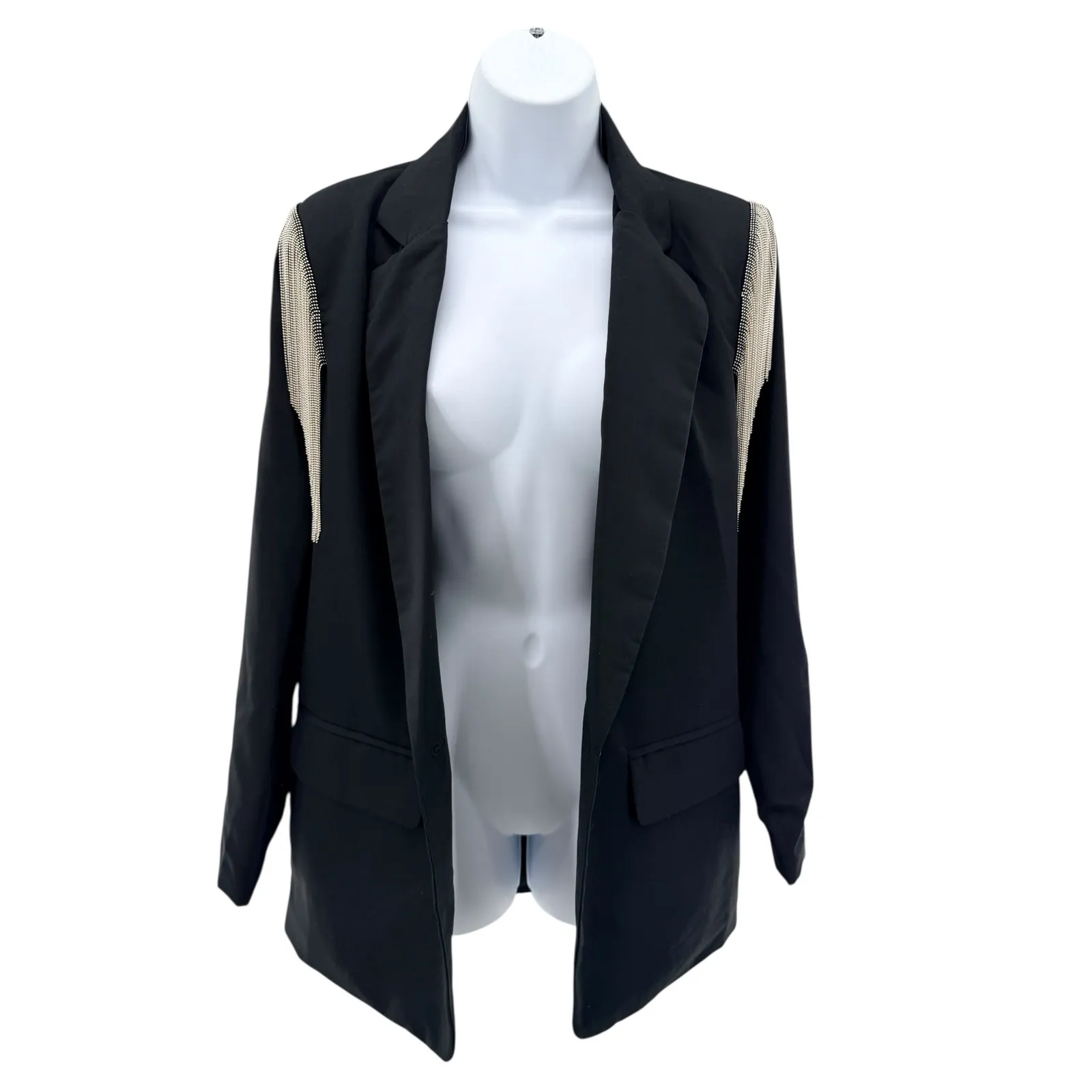 Black Chain Fringe Blazer Jacket Womens L Open Front Statement Western Rodeo Size L - Image 4