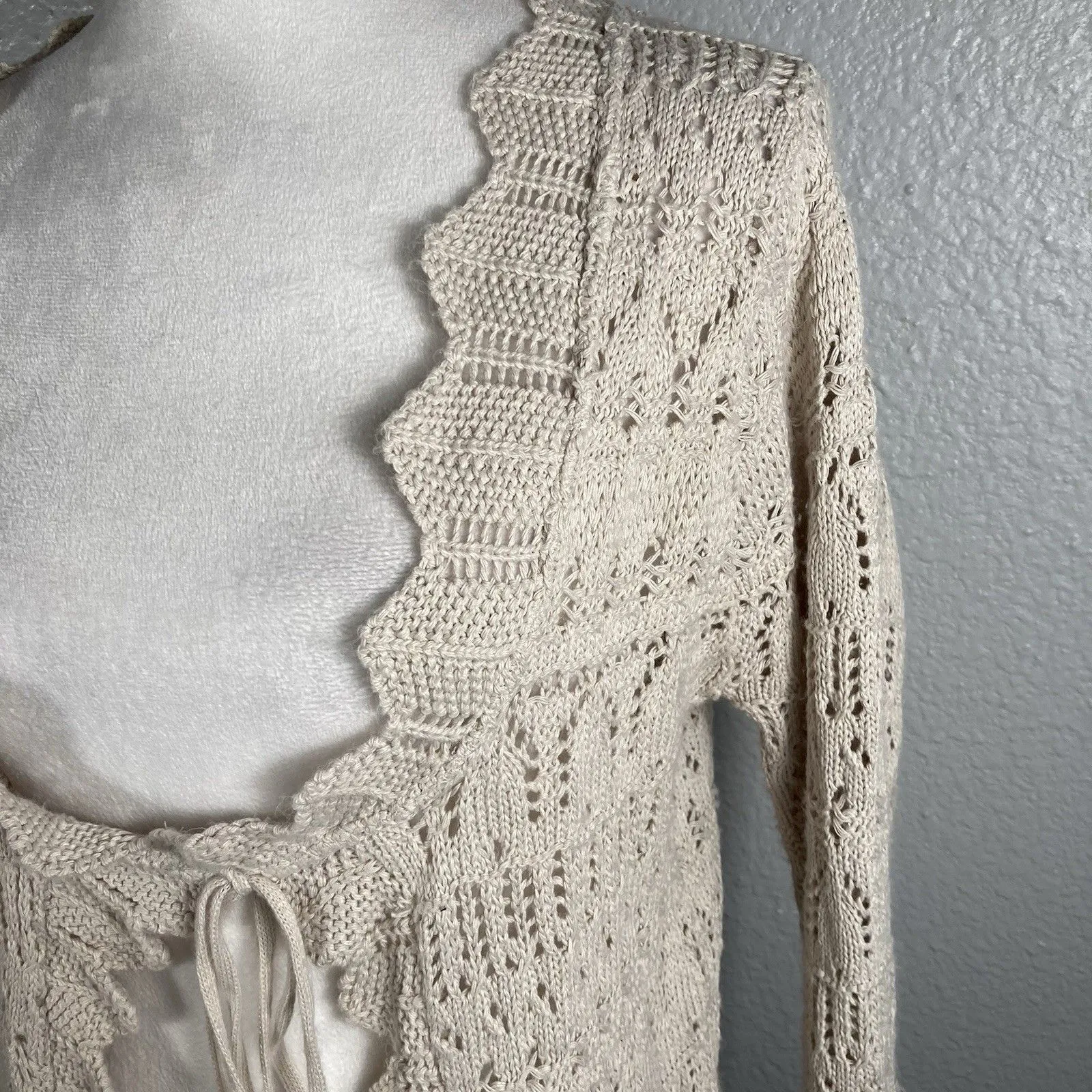 Crochet Cardigan S Cream Ivory Tie Front Coastal Beach Boho Cottage Y2K Vintage - Image 4