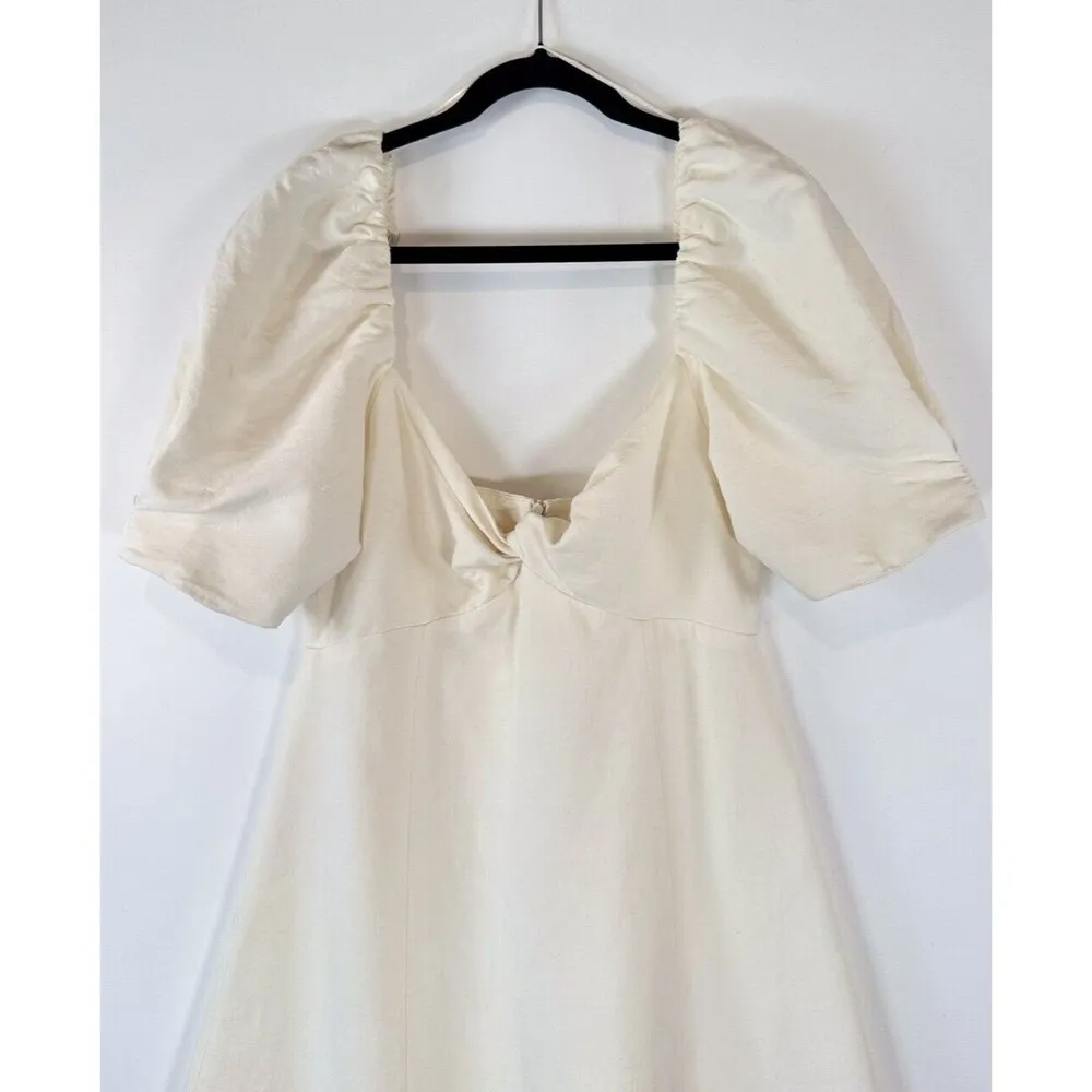 Zara Womens Dress White Midi Puffed V Neck Linen Short Sleeve A Line Flowy Large - Image 8