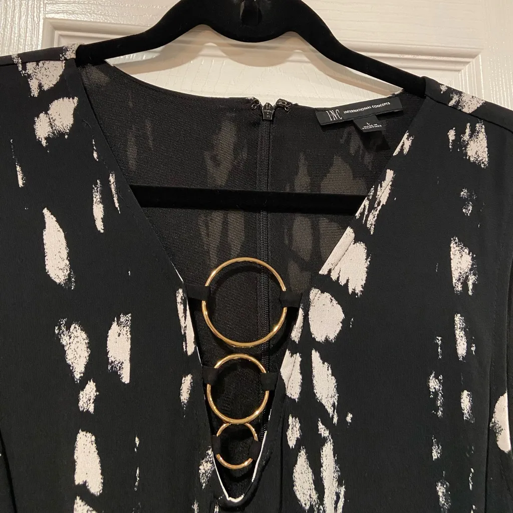 INC Size L Black White Mandala Wide Leg Cropped Jumpsuit Gold Ring Detail Belted - Image 5