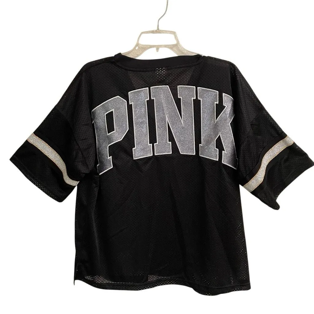 VS PINK Black Mesh Varsity Shirt Women’s S Oversized Football Jersey Glitter - Image 2