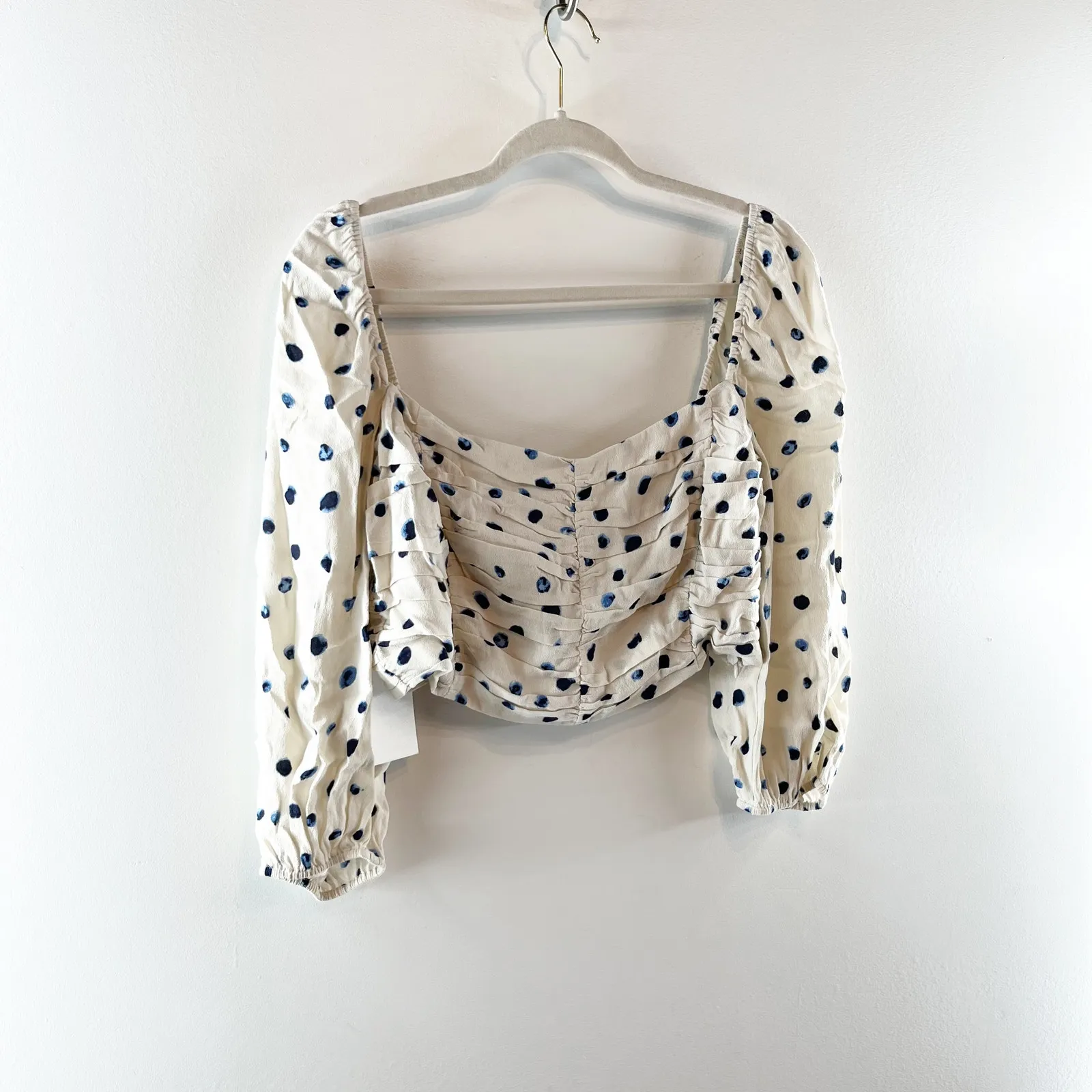 Wilfred Puff Sleeve Polka Dot Crop Lolita Blouse Birch Classic Navy Large NWT - Image 8