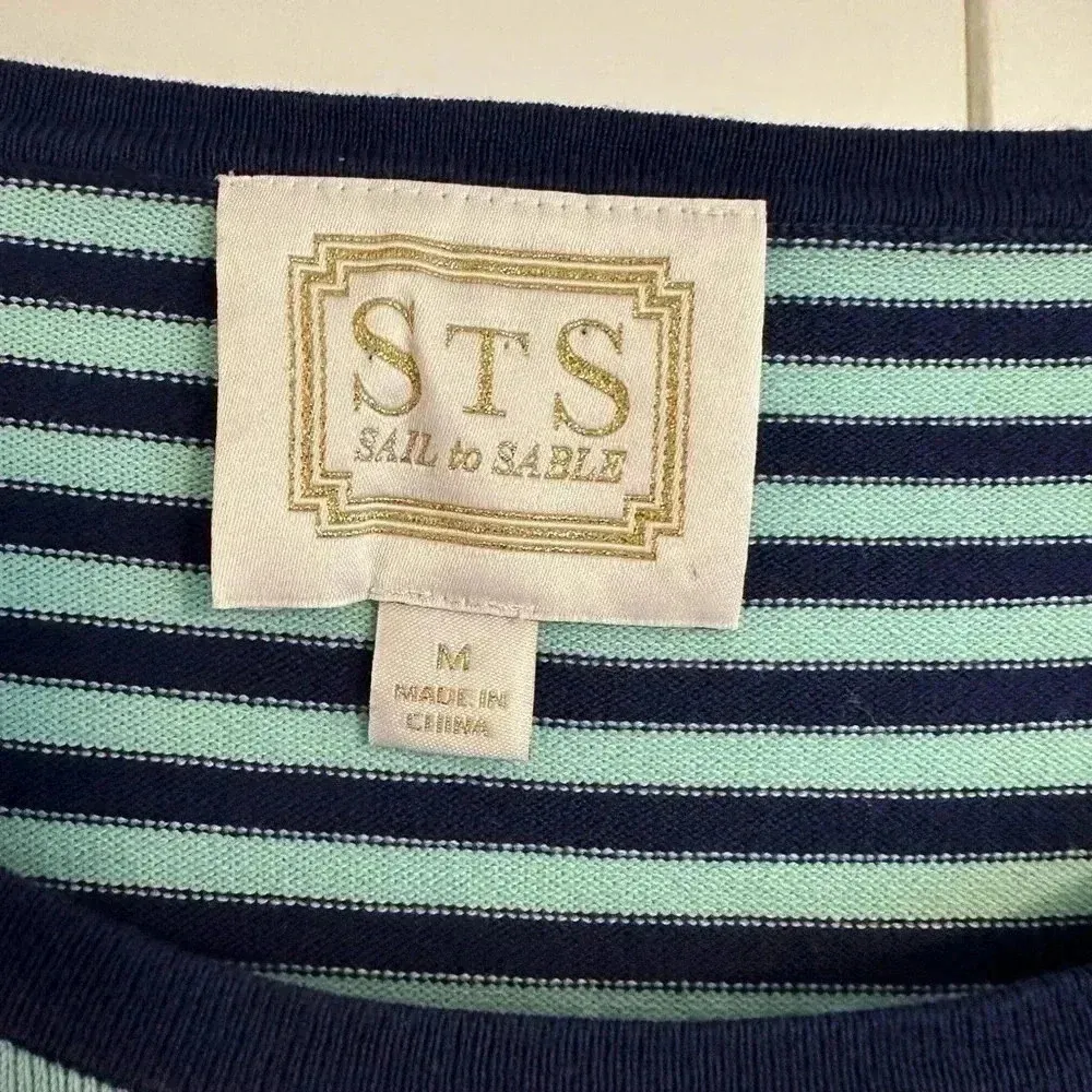 Sail to Sable STS Navy and Aqua Striped Bell Sleeve Sweater Dress M - Image 2