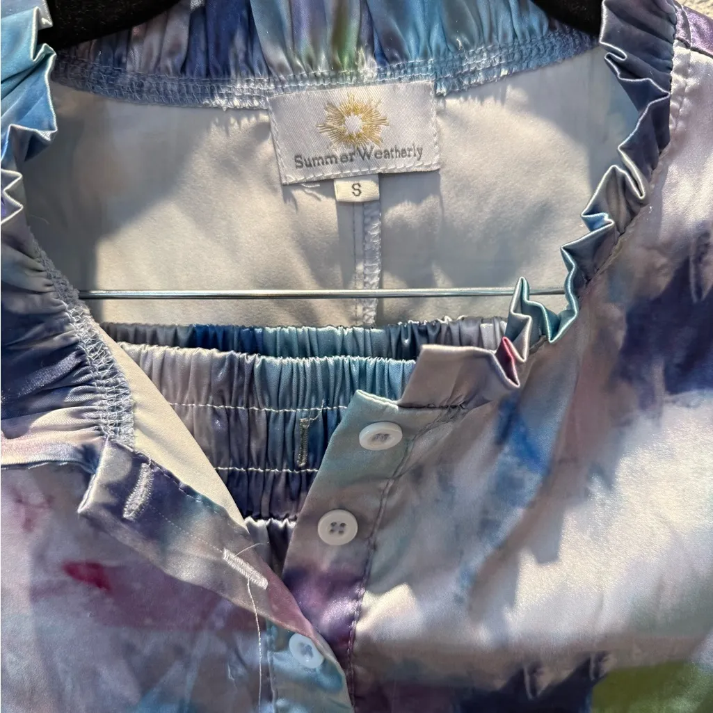 Luxe Boutique Brand Summer Weatherly Satin Pajamas Set Top & Bottom Ruffle Blue - Image 2