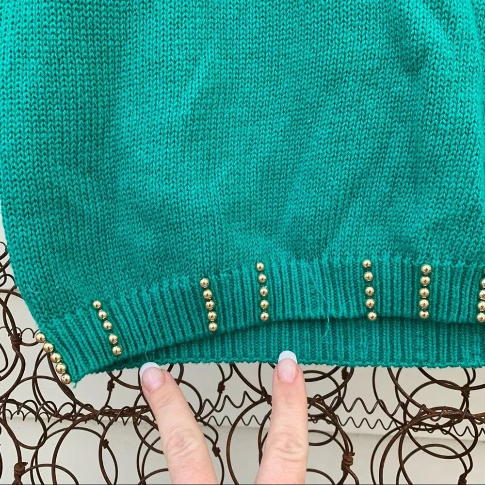 Vintage 90s teal gold art deco beaded cowl neck tunic sweater MEDIUM Green - Image 7