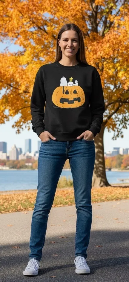 Peanuts Pumpkin Snoopy Graphic Sweatshirt Womens Large Black Halloween Fall Cozy - Image 1