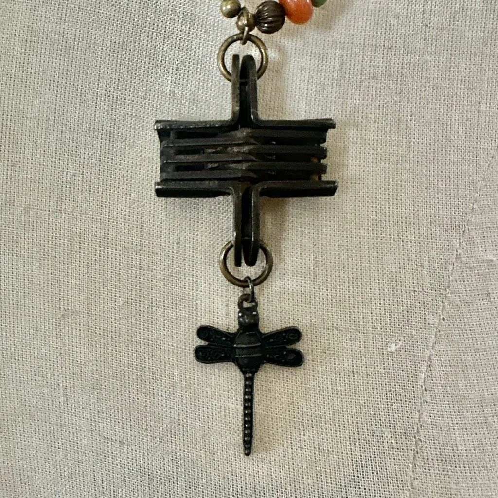 Stabilized Turquoise & Carnelian Beaded Necklace with Industrial Cross & Dragonf - Image 10