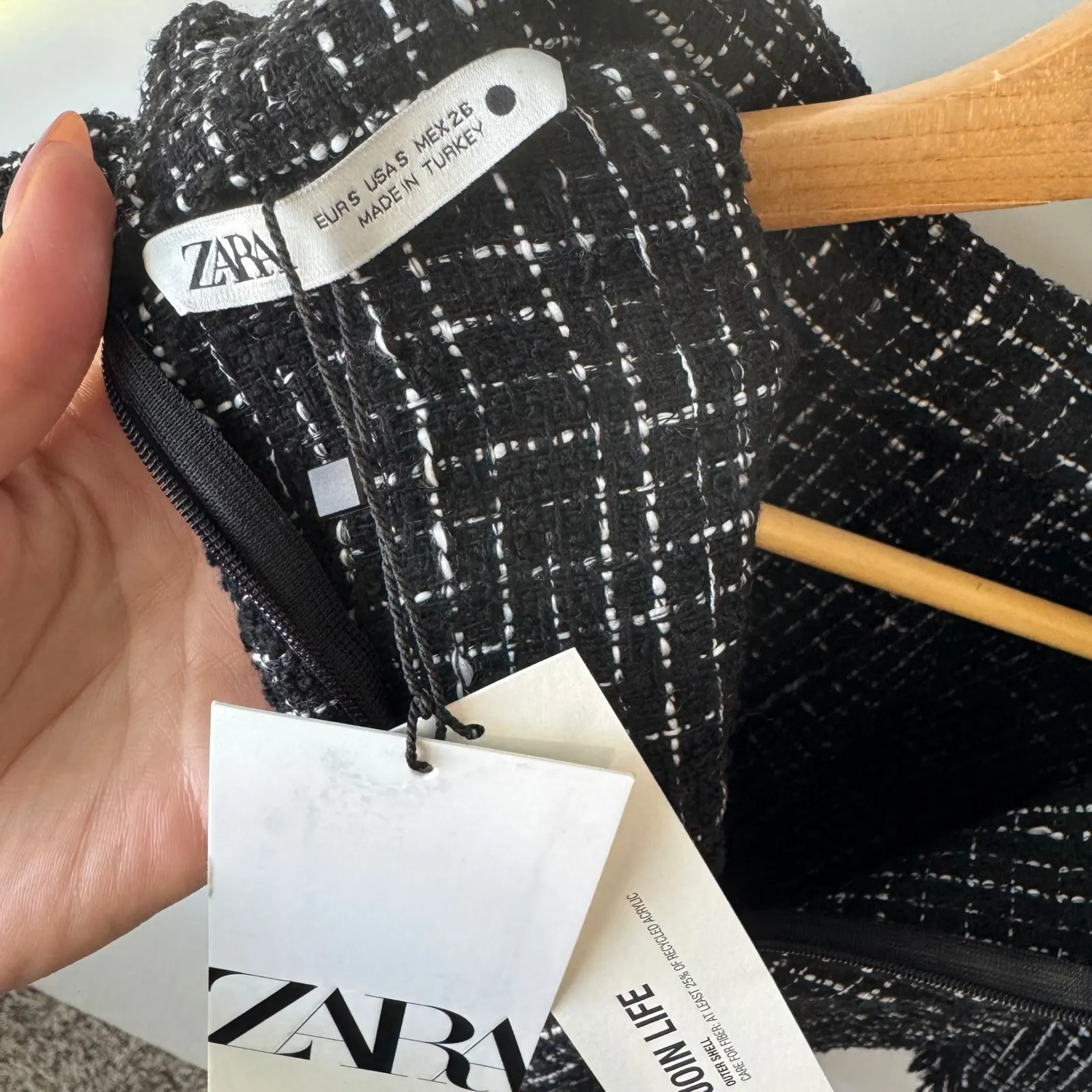 Zara Tweed Top‎ Mock Neck Fringed Hem Cropped Black White Career XS - Image 3