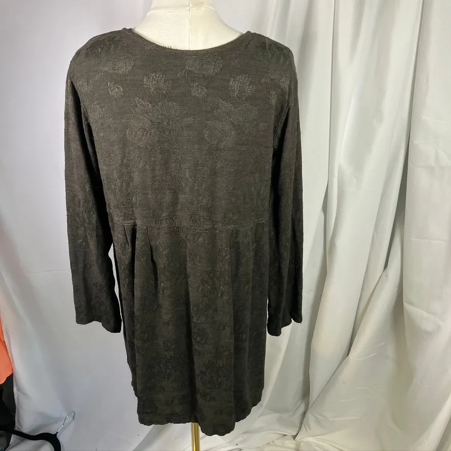 Vintage Modern Romance Dark Green Button Front Tunic Dress Rayon Flax‎ USA Made Brown Size M - Image 8