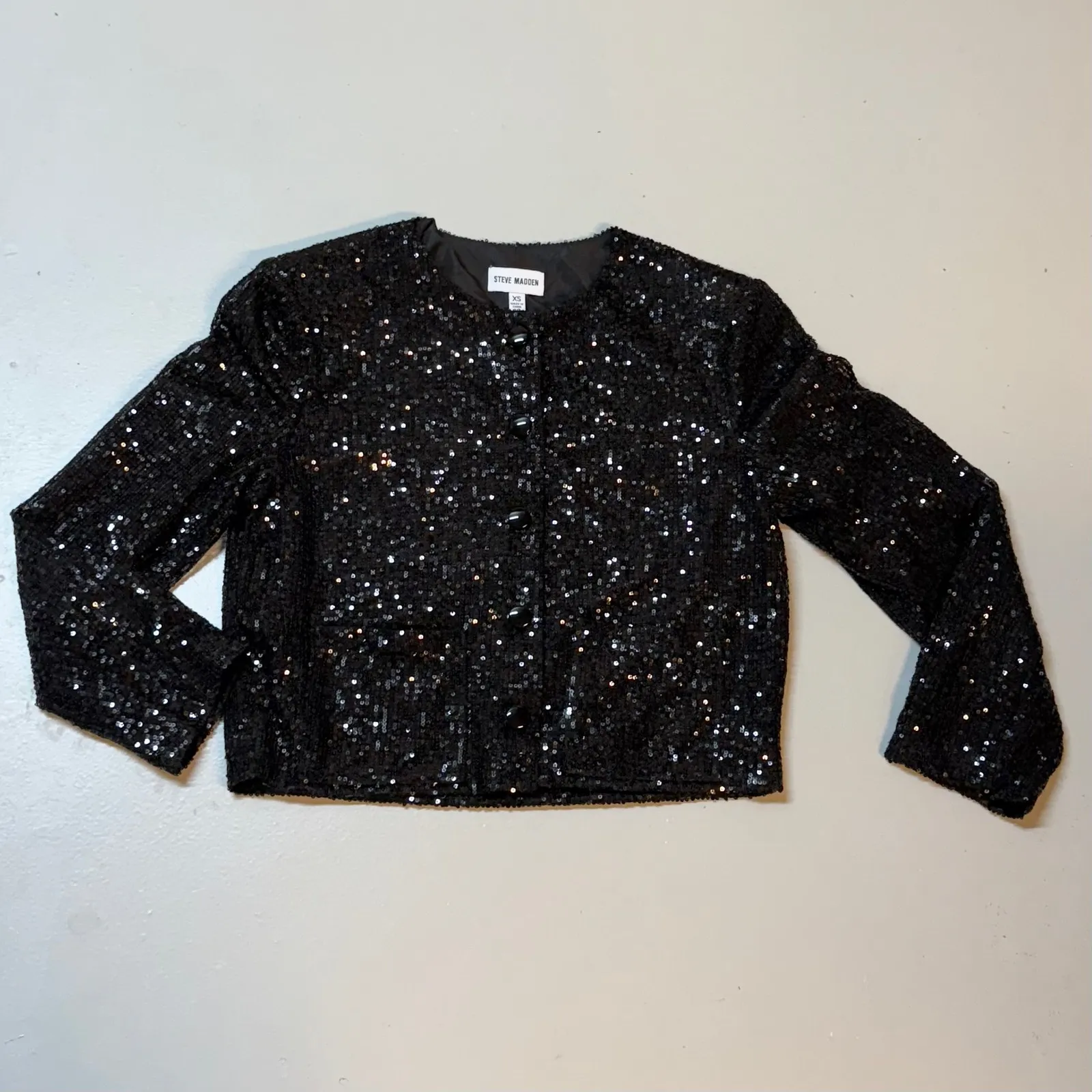 Steve Madden Women XS Black Cropped Sequin Jacket Cardigan Party Holiday Sparkle - Image 3