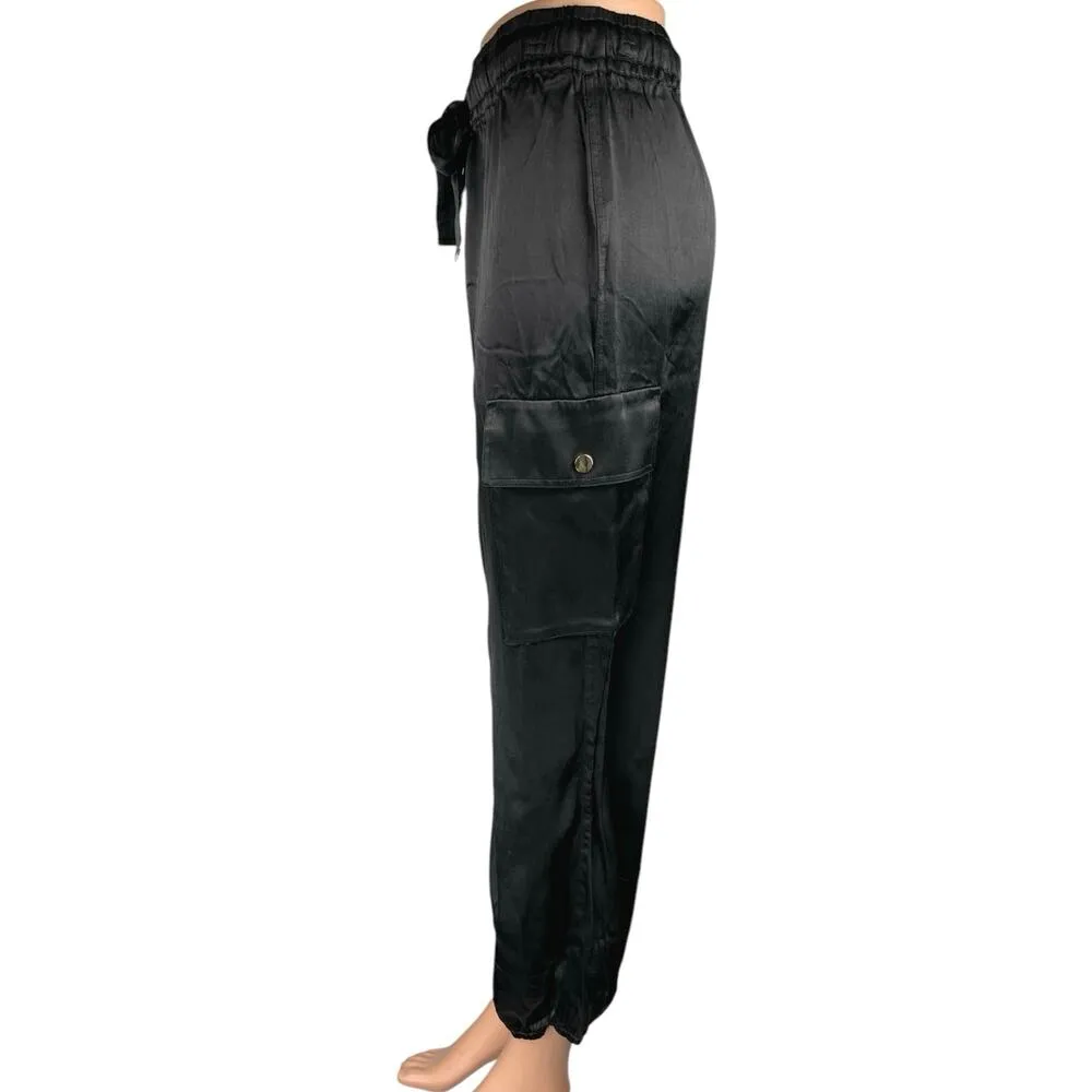 Rachel Zoe Black Silky Satin Drawstring Tapered Trousers Joggers Cargo Pants XS - Image 2