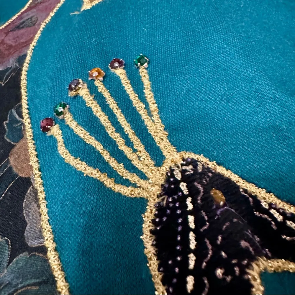 Teal and Gold Midi Floral Skirt And Top Peacock Embellishment Dolman Sleeve 80s Blue Size L - Image 5