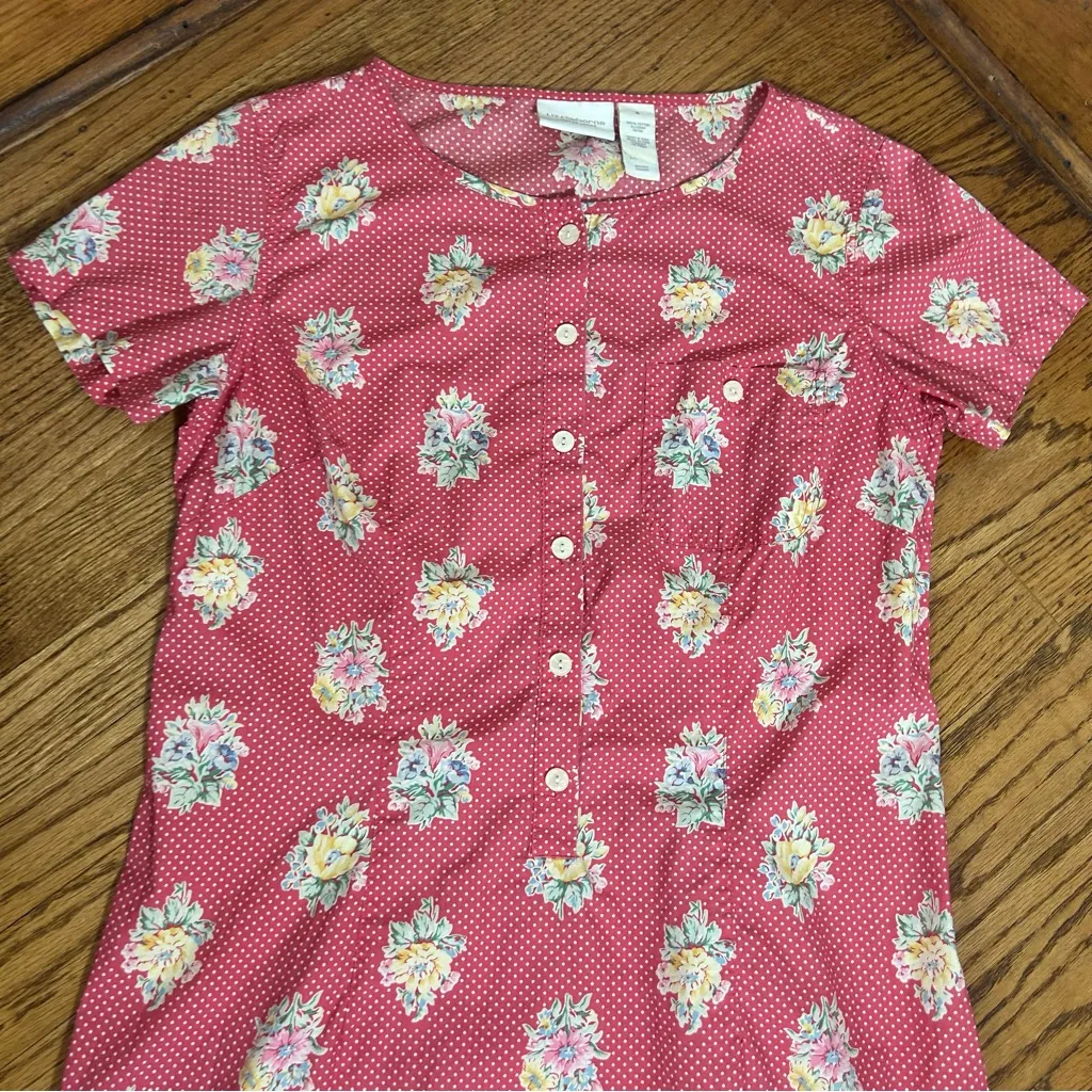 VTG 90’s LIZ CLAIBORNE Red White Polka Dot Floral Midi Cottage Dress Size 8 - Image 10