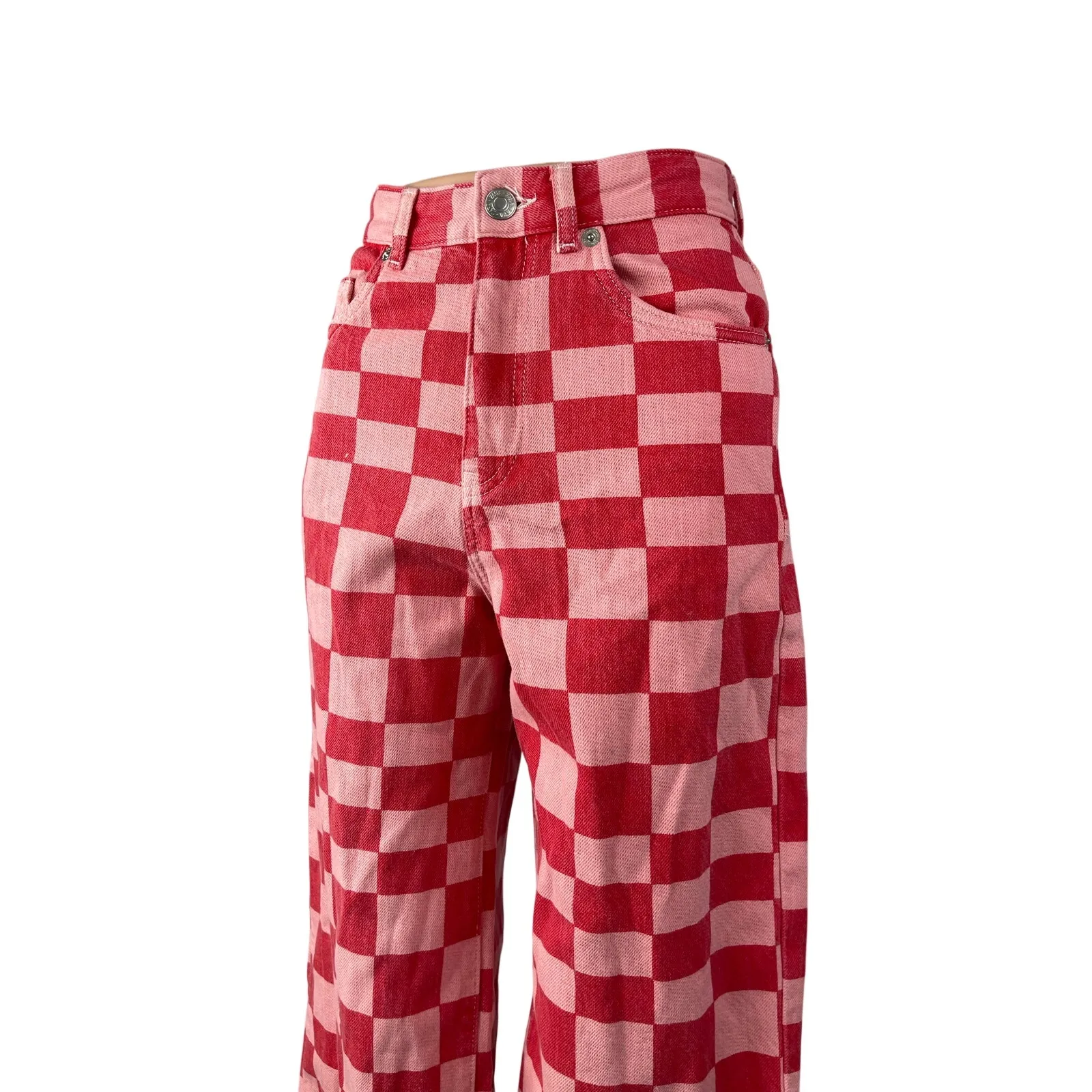 Zara Women's Pink Red Gingham Check High Rise Wide Leg Trousers Pants Size 2 - Image 2