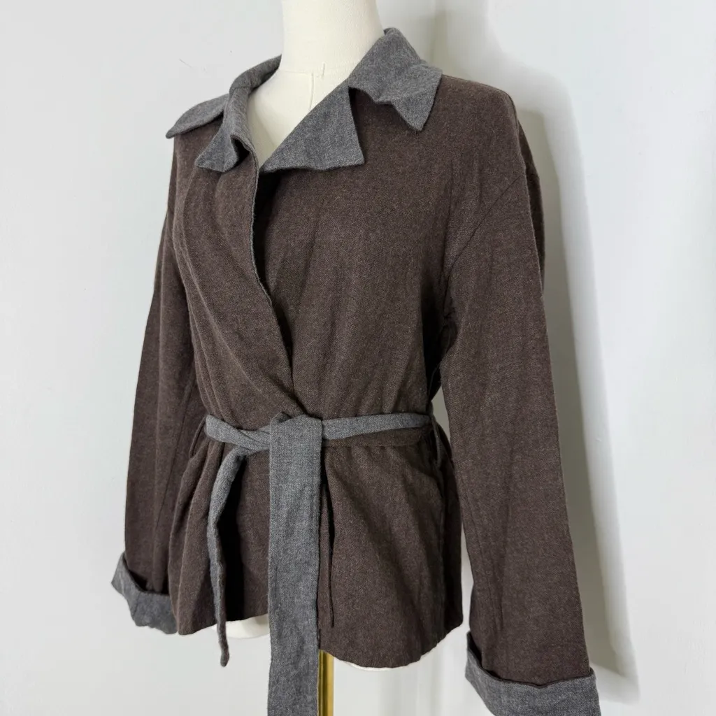 Made in Italy Wool Cashmere Cardigan Jacket Brown Gray Contrast Tie Belt Size 8 - Image 3