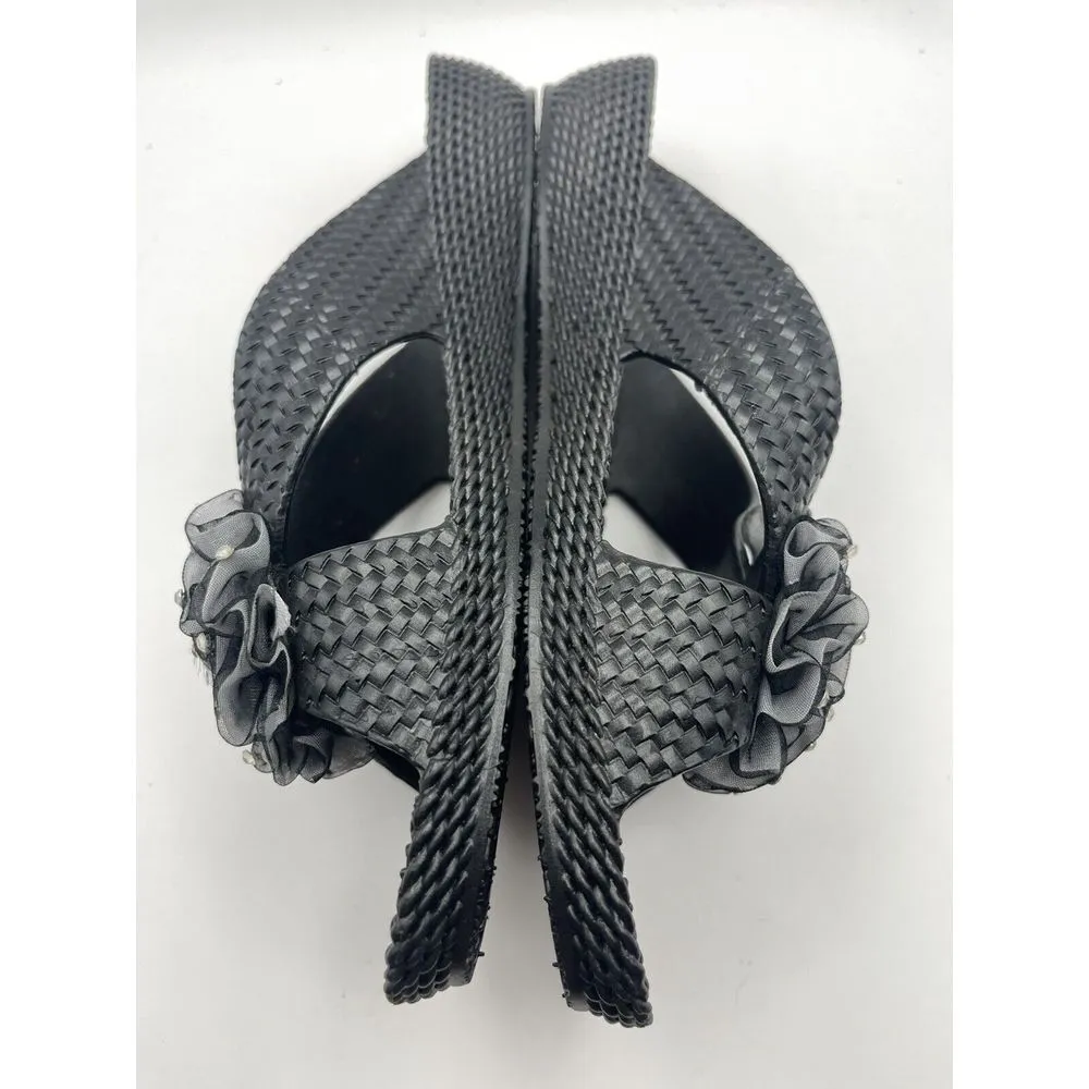 Ella Nicki Black Sandals Comfort Slider Flower Diamante Low Wedge Beach Casual 8 - Image 7