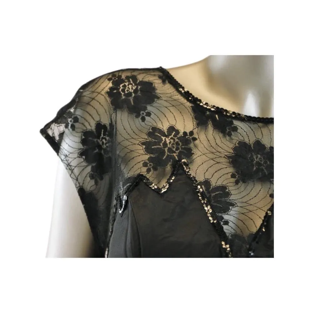 Vintage 1980s Orleon de Paris Black Dress with Floral Lace and Sequins Medium - Image 3