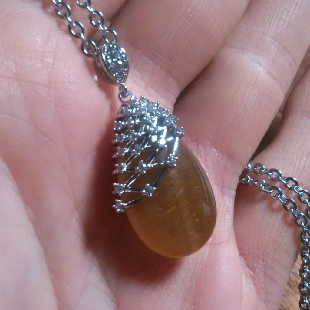 Netted Tiger's Eye and White Zircon Silvertone Pendant Stainless Steel Necklace - Image 9