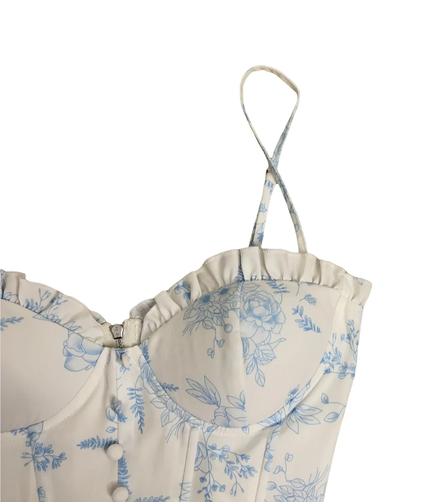 Women’s XS Cottage Core Blue Floral Corset Style Seam Bust Detail Crop Top - Image 4