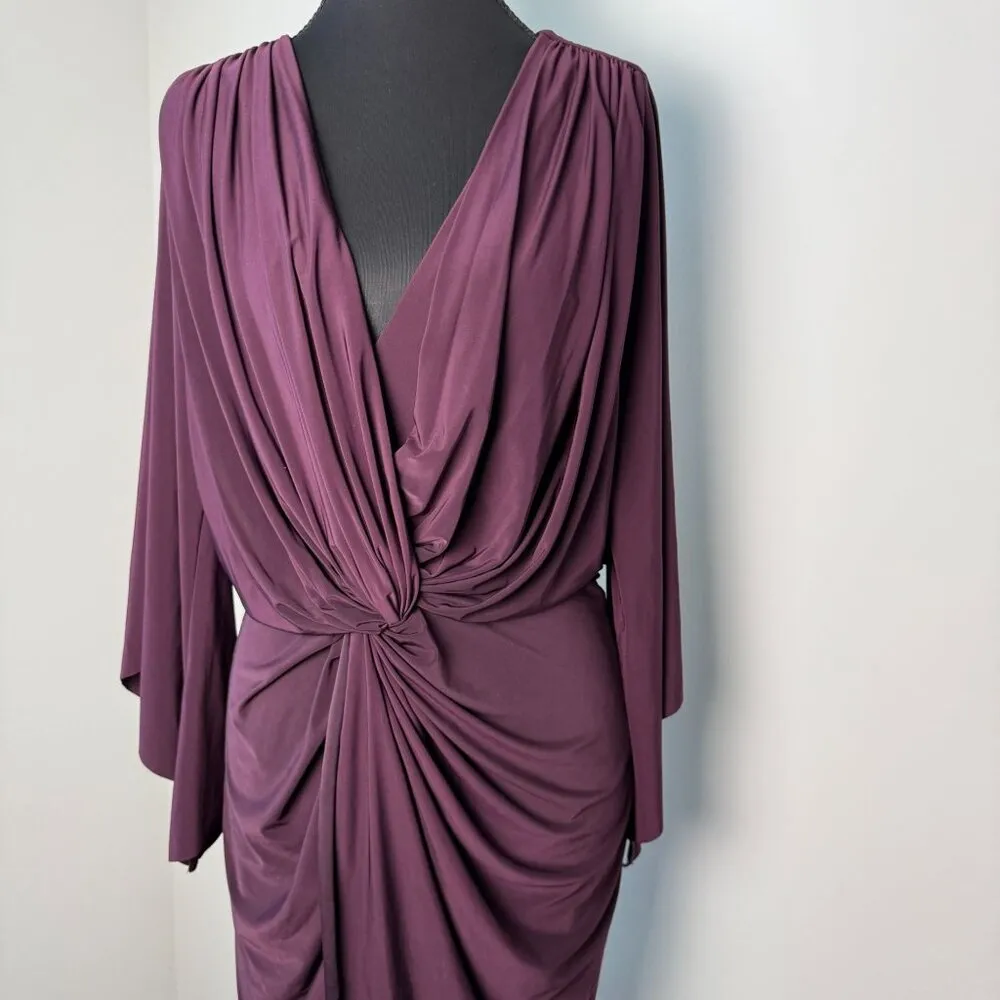 Misa Los Angeles Teget Twist Front Draped Mini Dress Bell Sleeves Plum Purple M - Image 3