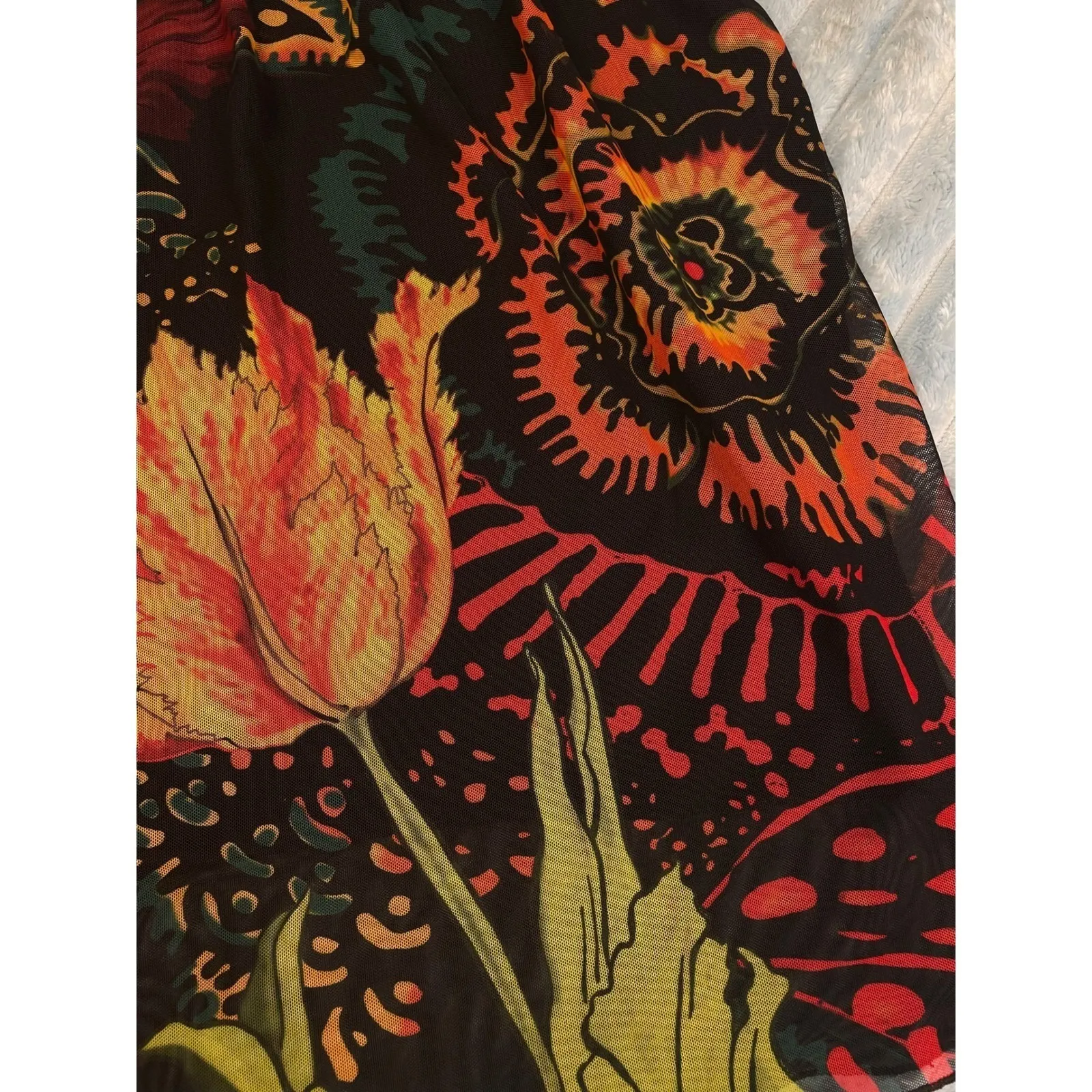 Desigual Floral Print Sheer Mesh Midi Dress Black Red Orange M - Image 5