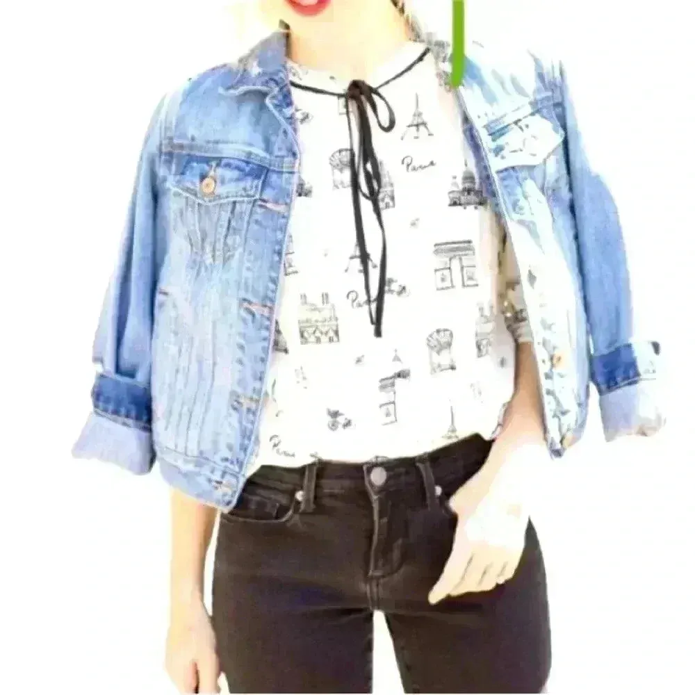 Talbots Paris Print Tie Front Blouse Ivory and Black Small Petite - Image 3