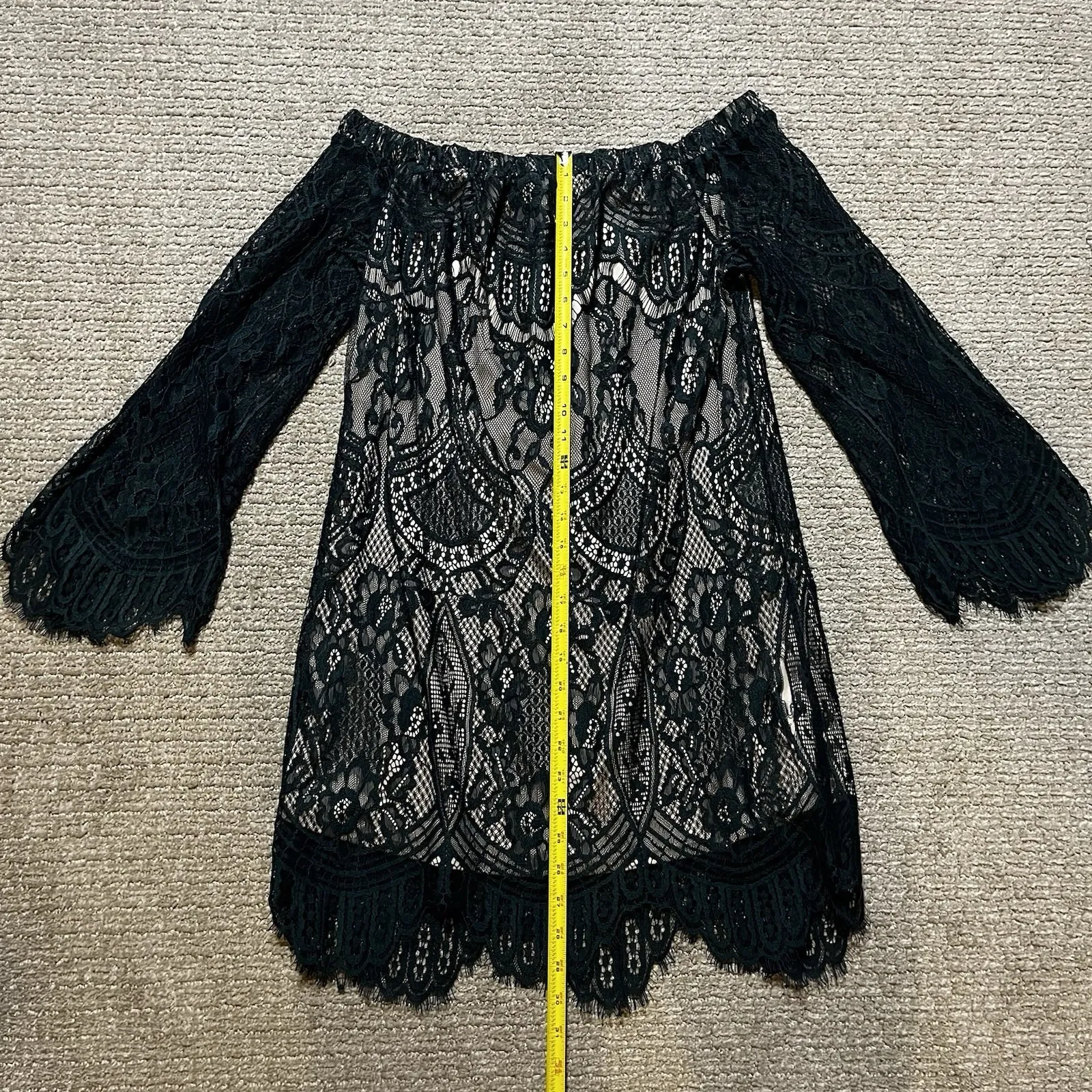 Love Fire Woman's Medium Green Nude Lacy Off the Shoulder Shift‎ Dress - Image 9