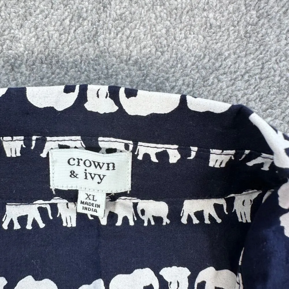 Crown & Ivy Elephant Print Long Sleeve Button-Up Shirt Women's XL Navy/White - Image 4