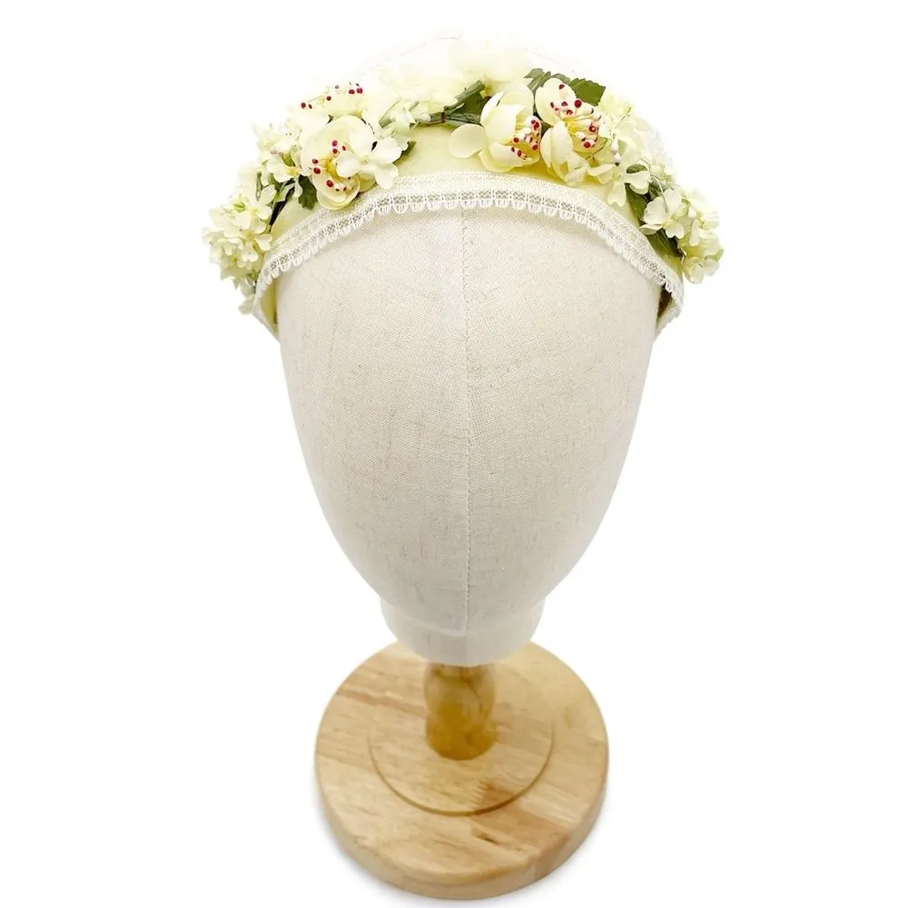 Vintage 1950s Auerbach’s Floral Headband Hat Ivory Lemon Yellow Flowers NEW NOS - Image 4