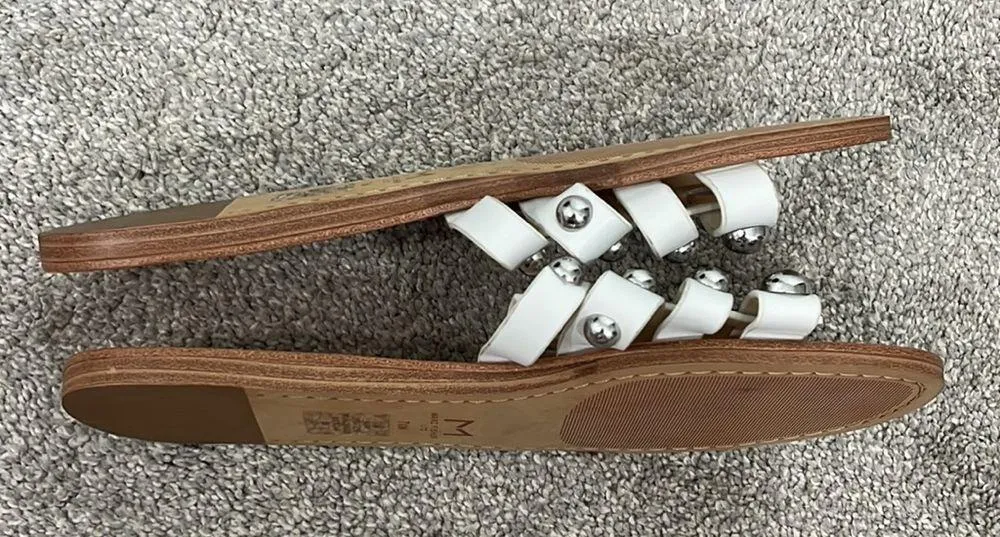 Marc Fisher Tan and White Studded Slide Leather Pava Sandal Flats - Image 9