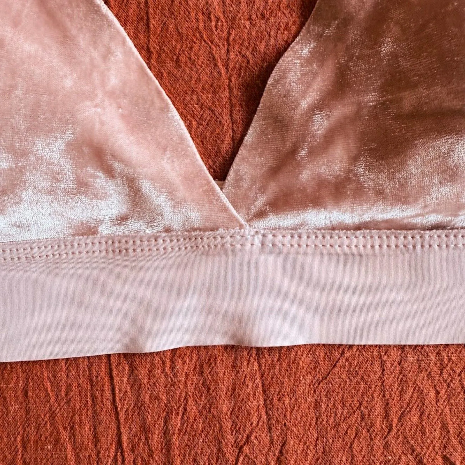 Crushed Velvet Triangle Bralette with Crossover Strap Back in Baby Pink size M Size M - Image 3