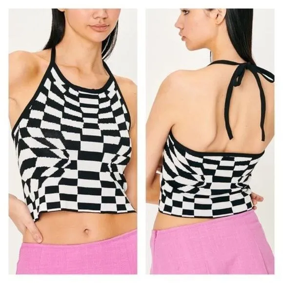 Storets Skyler Checkerboard Halter Top in Black and White - Image 2