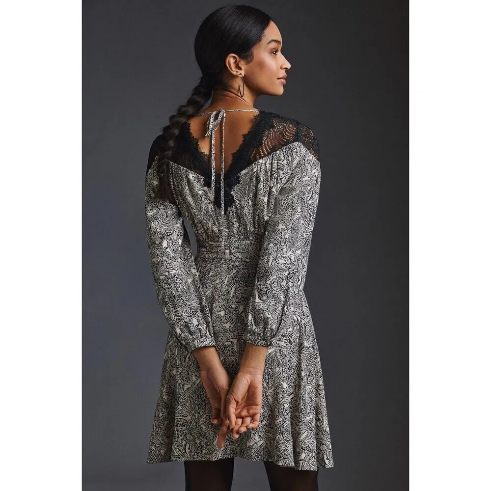 Anthropologie Black & White Lacy V-Neck Mini Dress - Image 3