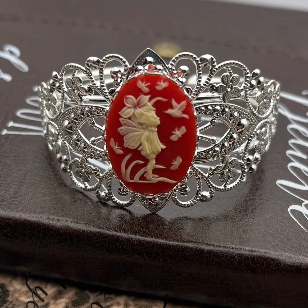Handmade Red Fairy Cameo Filigree Cuff Bracelet | Vintage Cabochon | Whimsygoth - Image 7