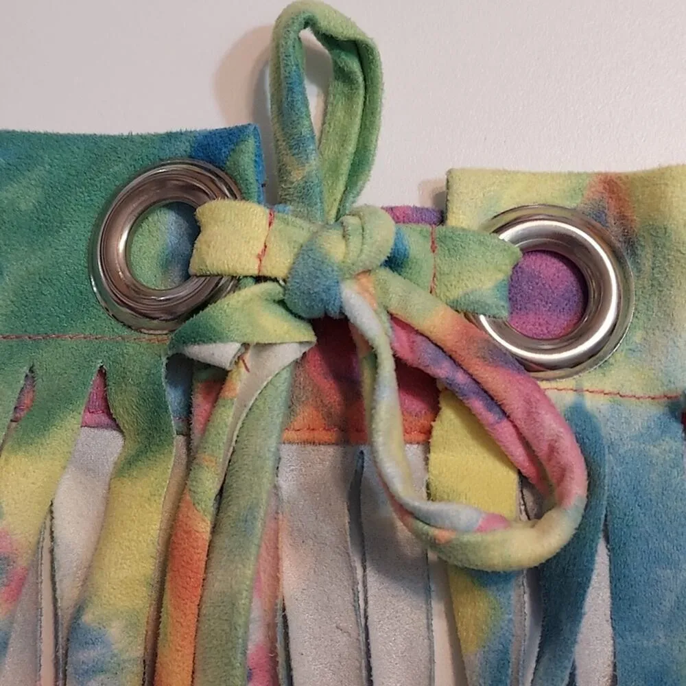 J. Valentine Rave Festival Dance Kandi Club Rainbow Tie Dye Fringe Suede Skirt - Image 2