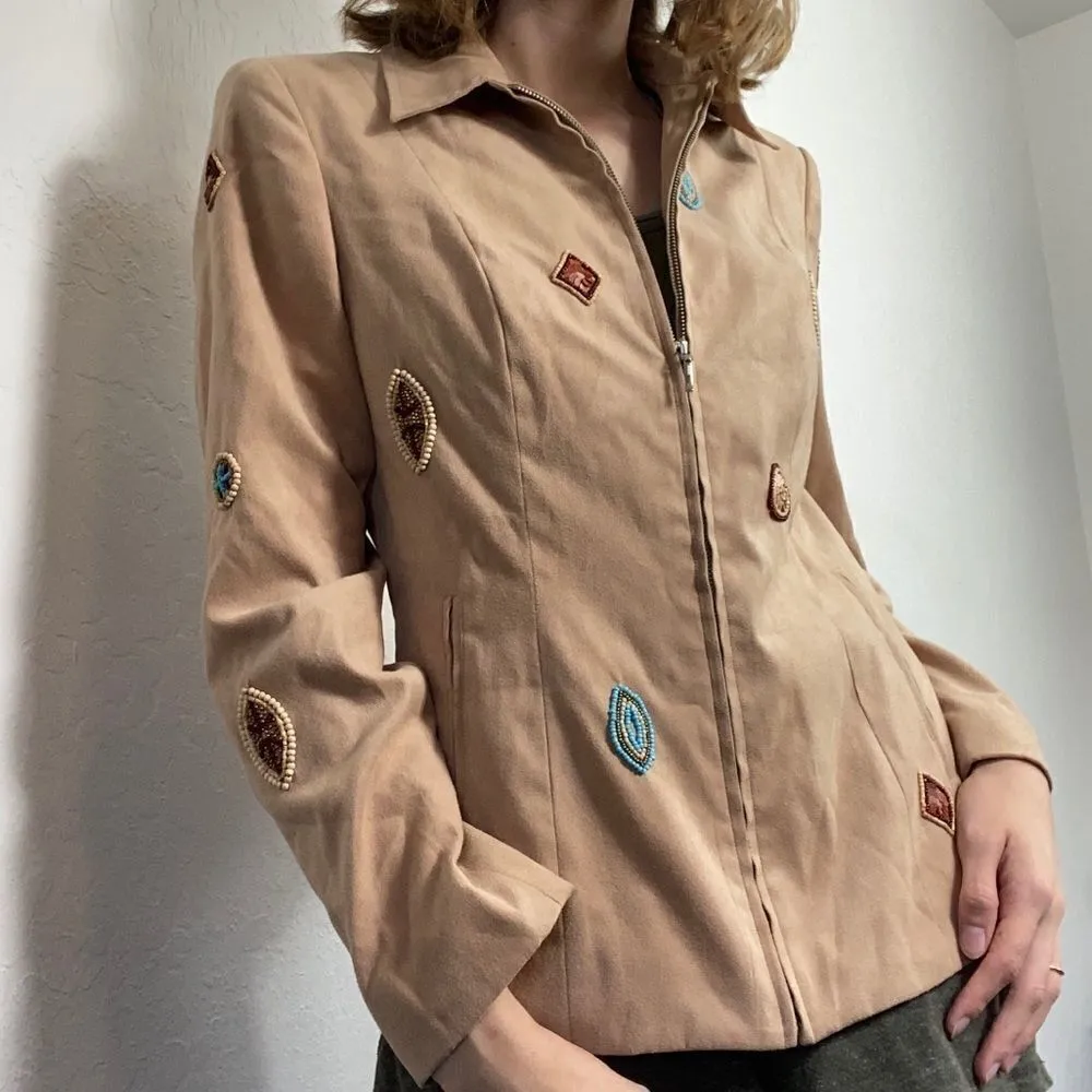 Vintage Tan Suede Beaded Western Zip Up Jacket Tan Size 6 - Image 4
