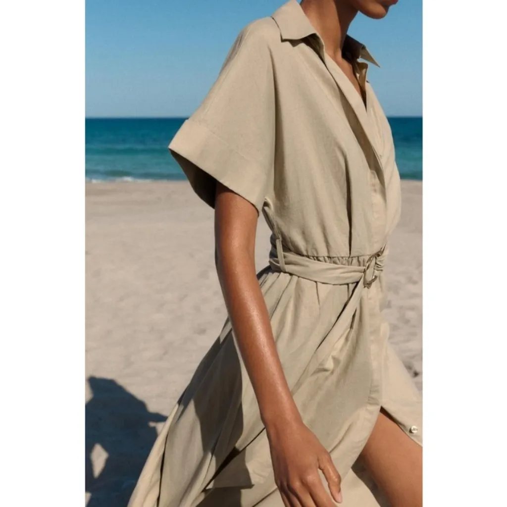 💕ZARA💕 Linen Blend Midi Dress ~ ShirtDress Neutral Light Beige Large - Image 6