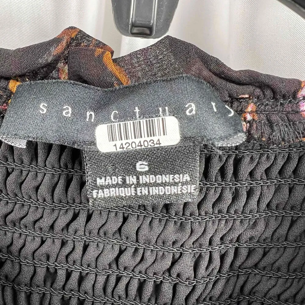 Sanctuary Black Floral Smocked Chiffon Ruffle Blouse Sheer Sleeves Womens Size 6 - Image 5