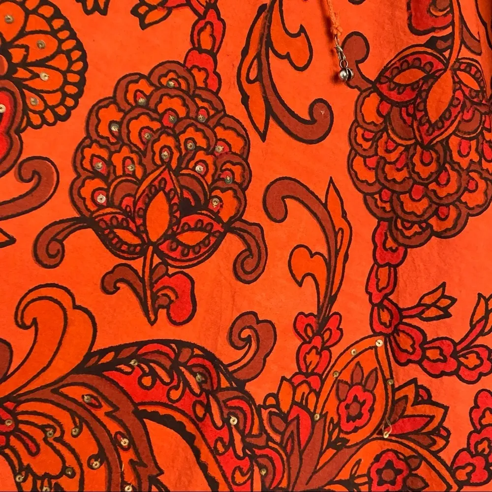 Orange Boho Paisley Floral Print Sequin Full Skirt, Women's Small - Image 4