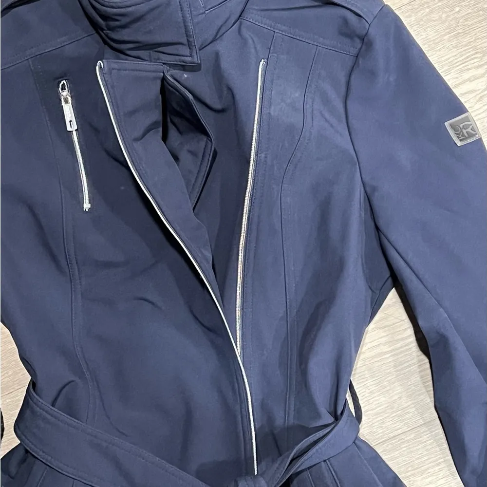 Kenneth Cole Reaction Jacket Women's Medium Full Zip Mock Neck Tie Waist Blue - Image 3