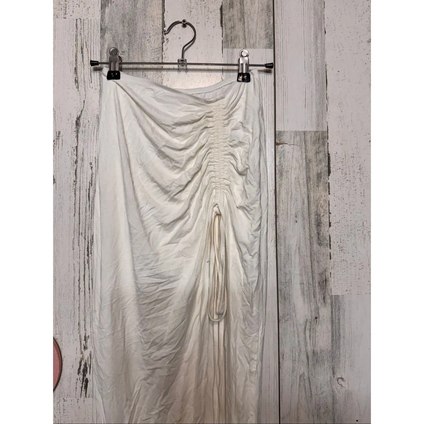 White Ruched Maxi Skirt Size Small Stretch Bodycon Drawstring Detail - Image 6