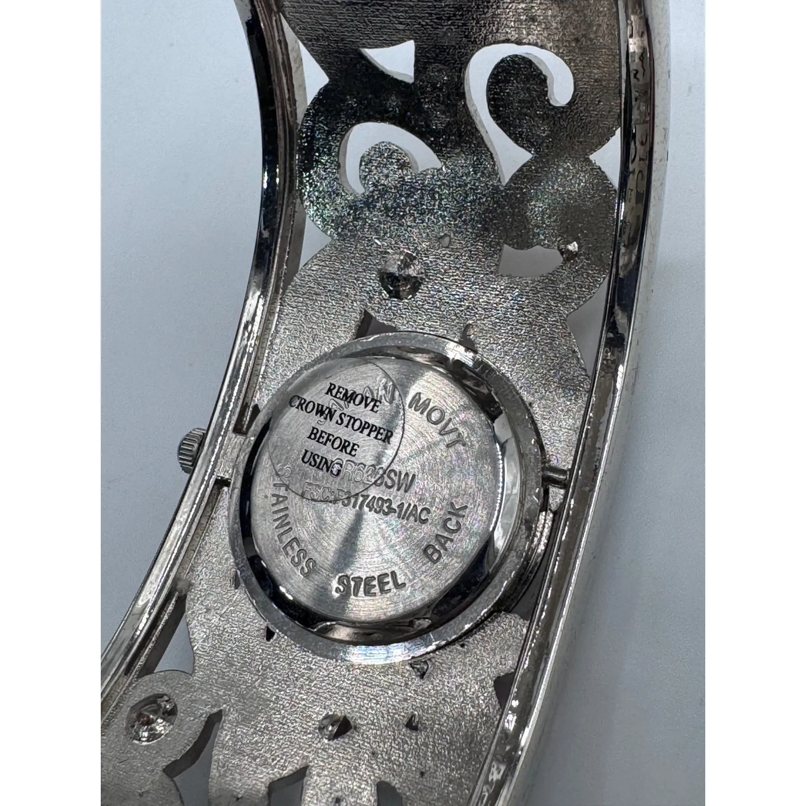 Vivani Silver Tone Cuff Watch Pink Crystal Filigree Bracelet Women's Jewelry - Image 3