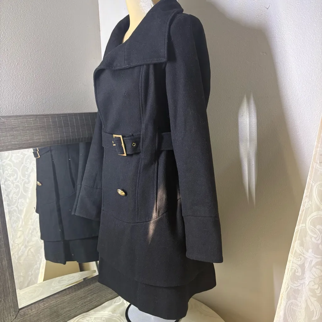 Vintage Guess Black Double Breasted Wool Trench Coat with Gold Accents - Image 3