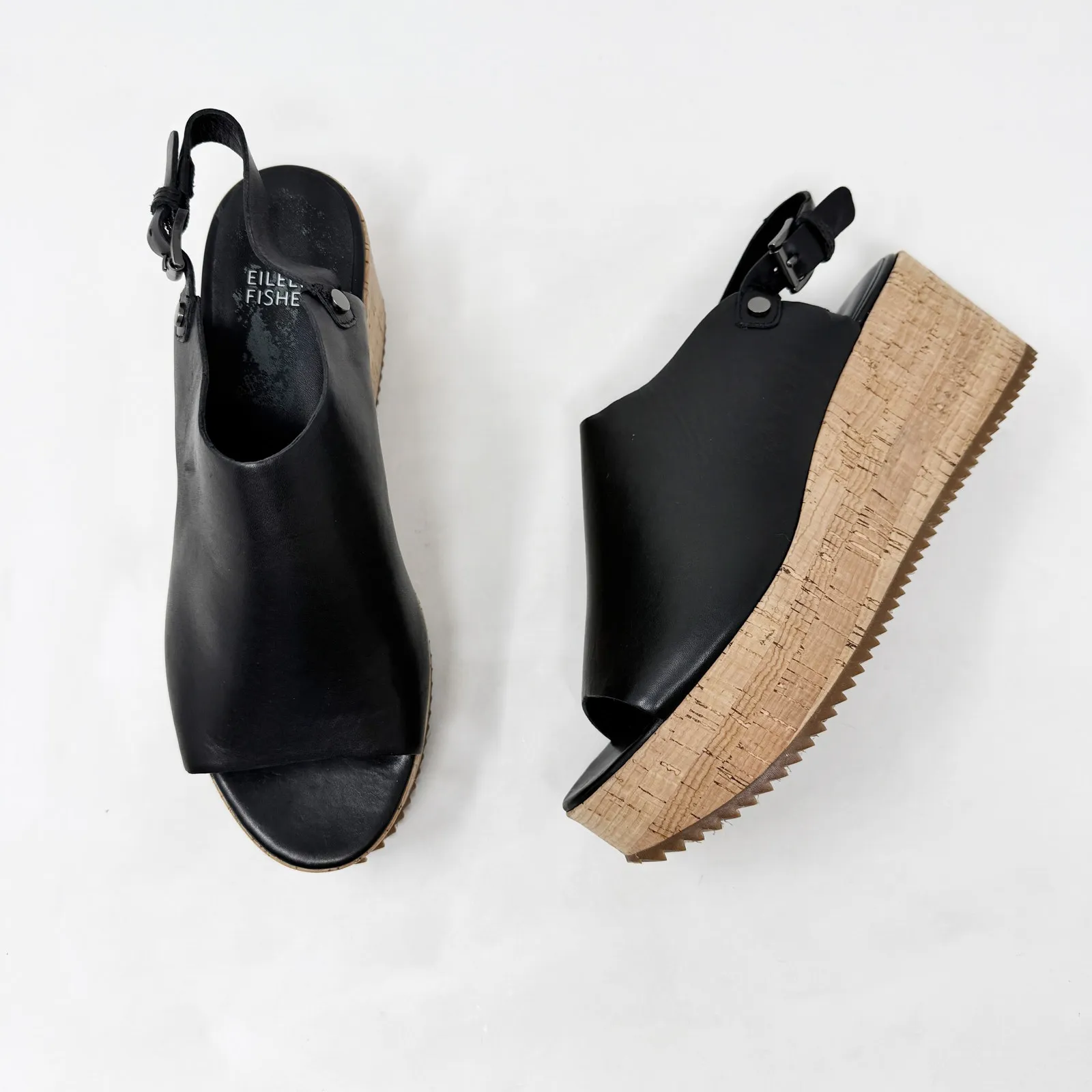 [Eileen Fisher] Black Leather Open Toe Ankle Strap Wedge Flatform Sandals Size 8 - Image 7