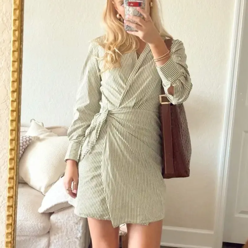 Vince Olive Striped Shirt Wrap Sheath Dress MEDIUM Work Cotton Designer $400 - Image 7