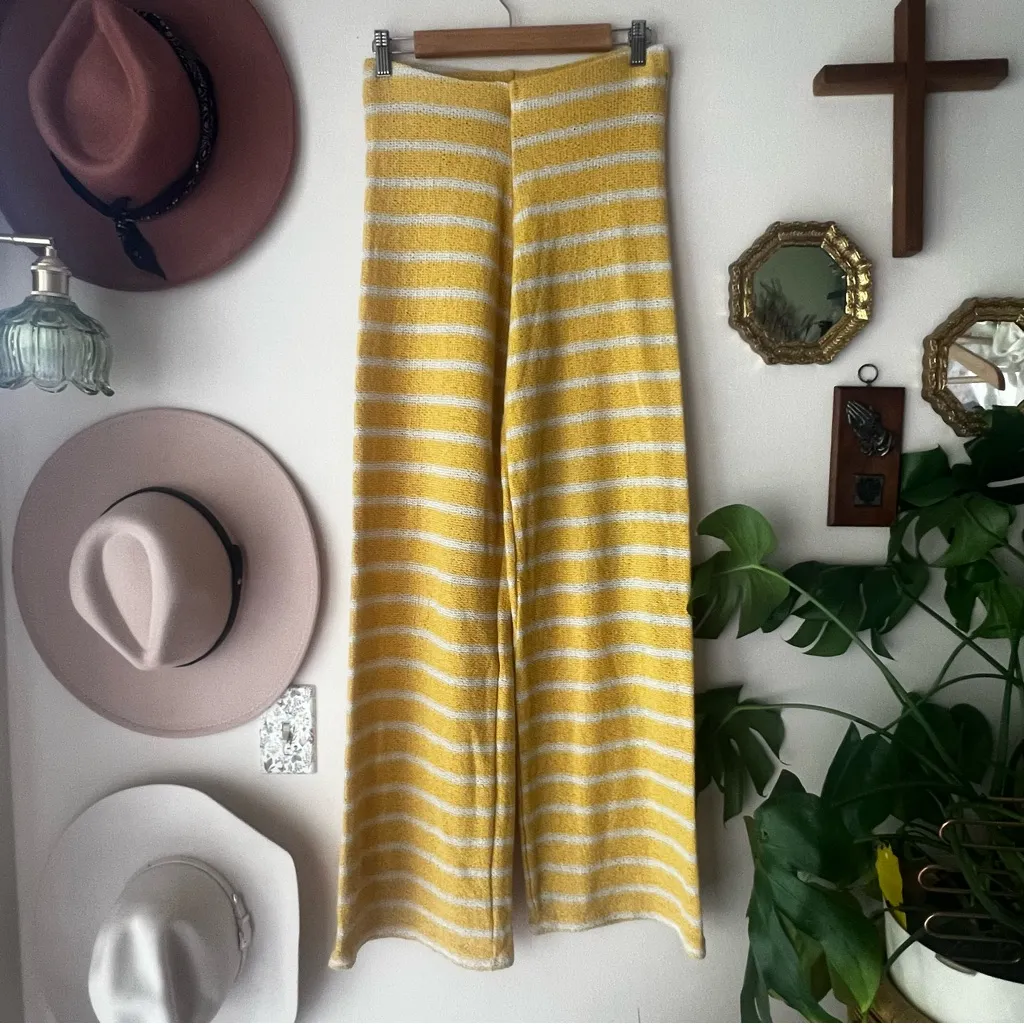 ZARA striped knit wide leg pants Yellow white‎ Womens SIZE MEDIUM casual coastal - Image 2