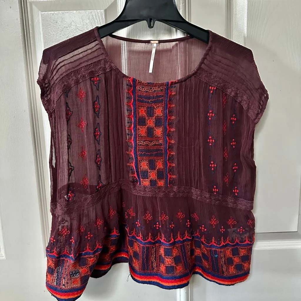 Free People “All Your Feelings” Sheer Embroidered Blouse Plum Red Boho - Image 2